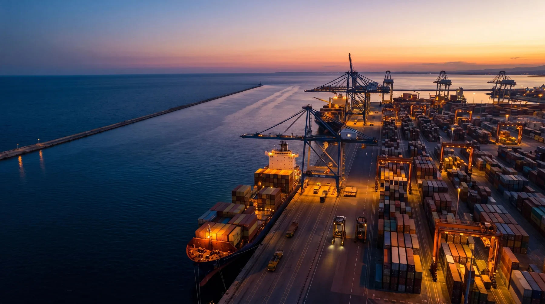 Cargo ship and container terminal at blue hour