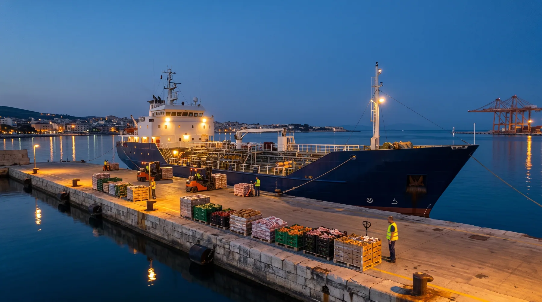 Commercial supply vessel beside organised palletized provisions at a Mediterranean quay