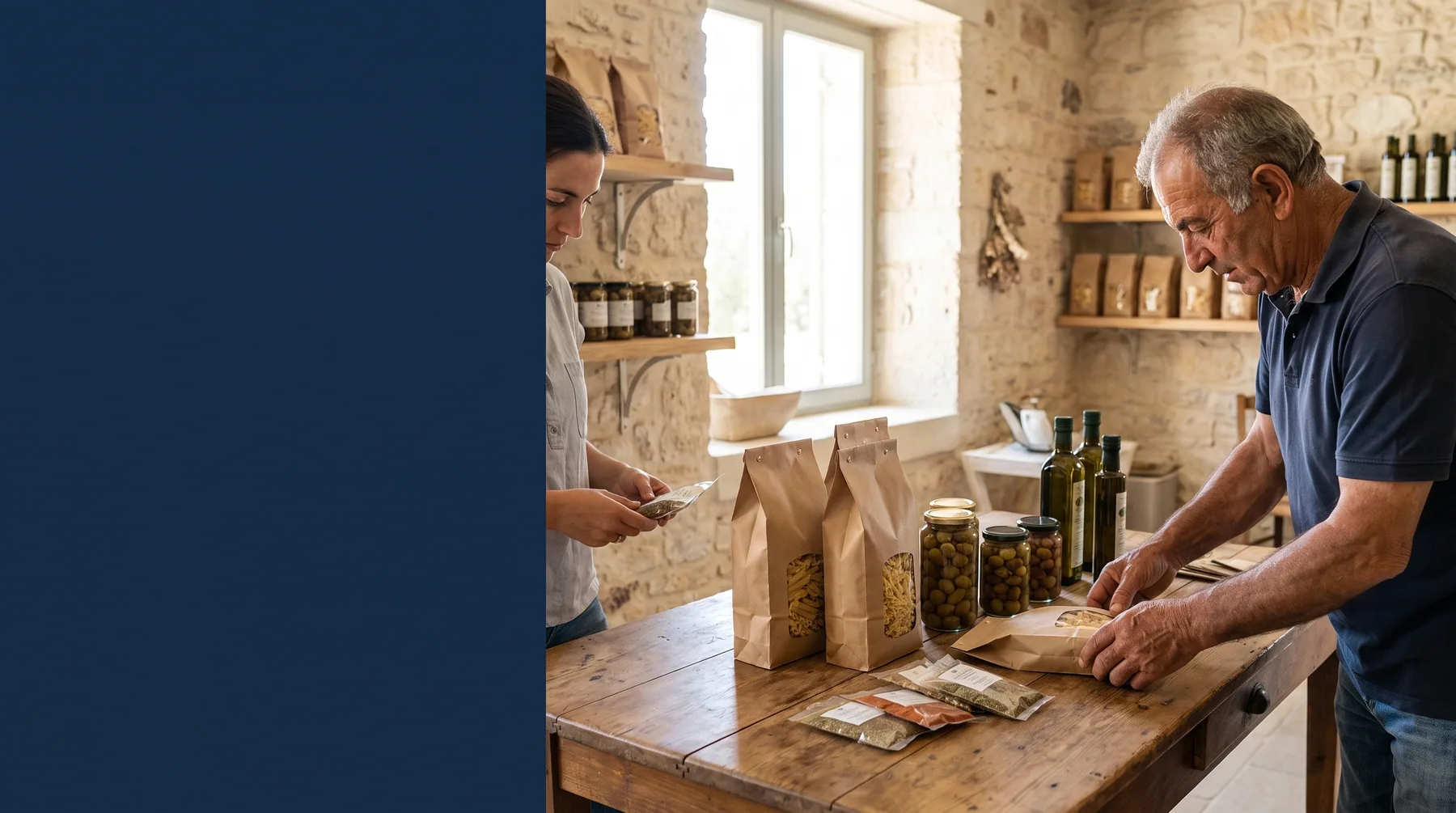 Greek producers preparing packaged Mediterranean products in a limestone workshop