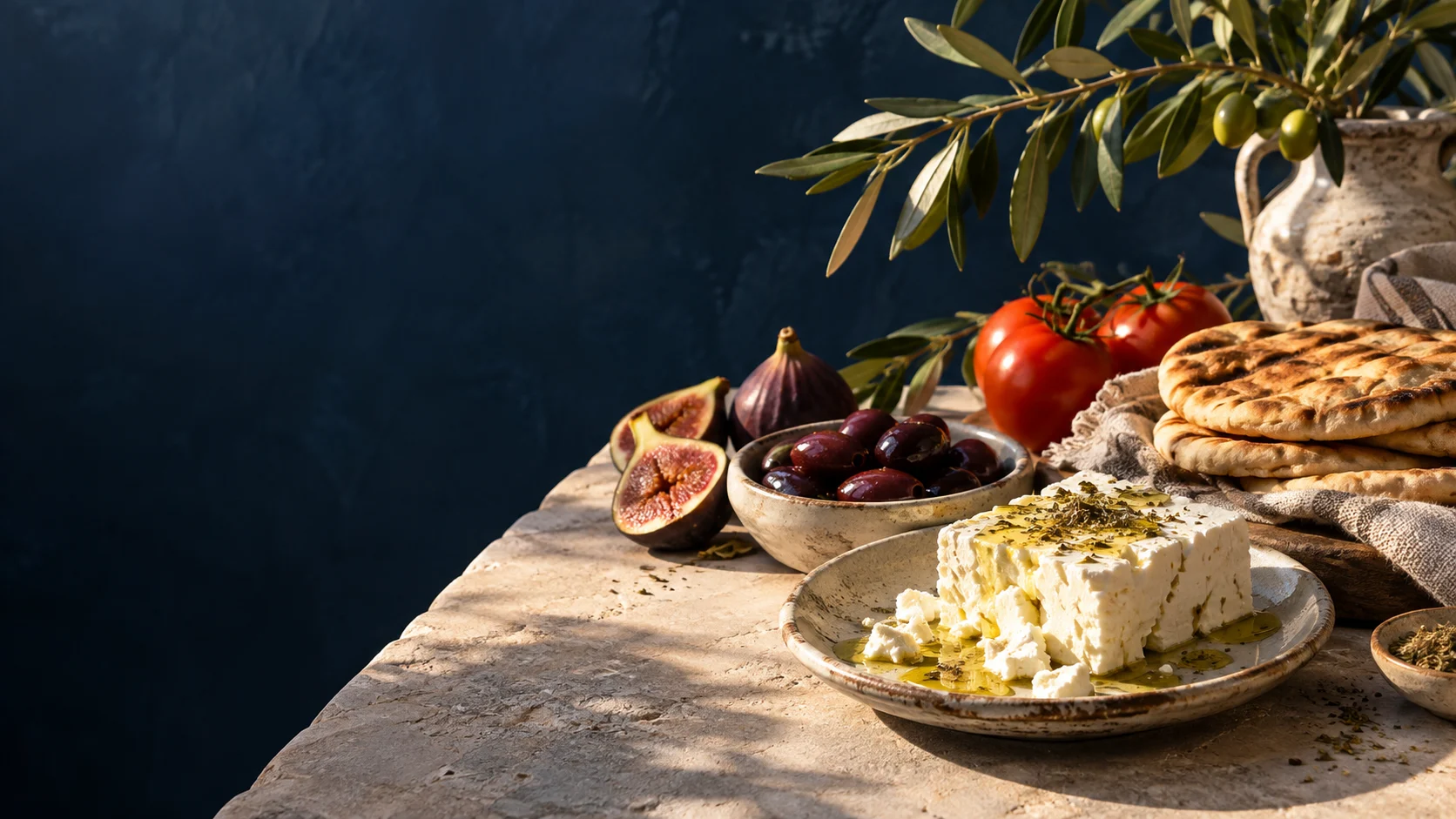 Greek feta, olives and golden pita on sunlit limestone