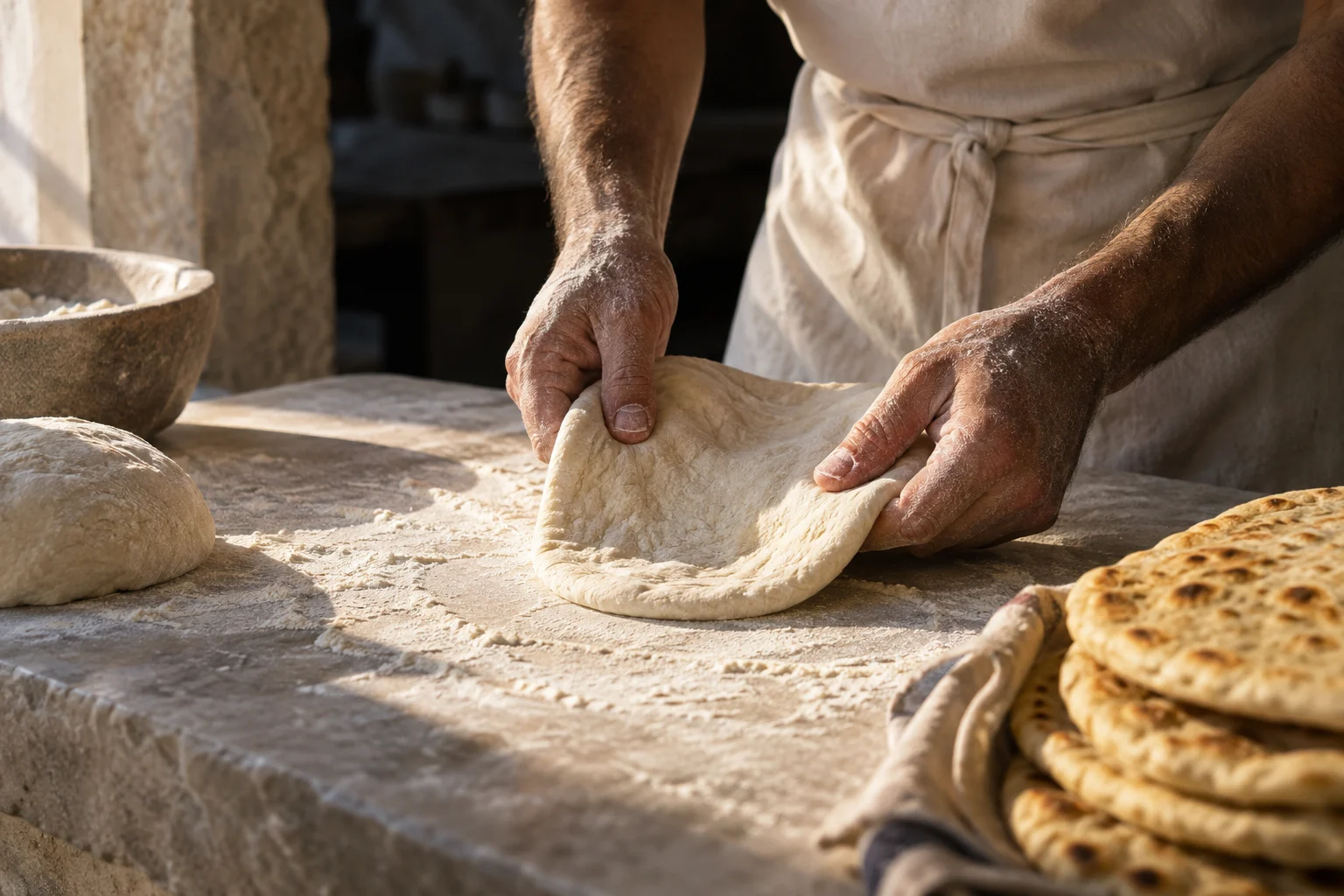Flour-dusted hands shaping Greek pita bread