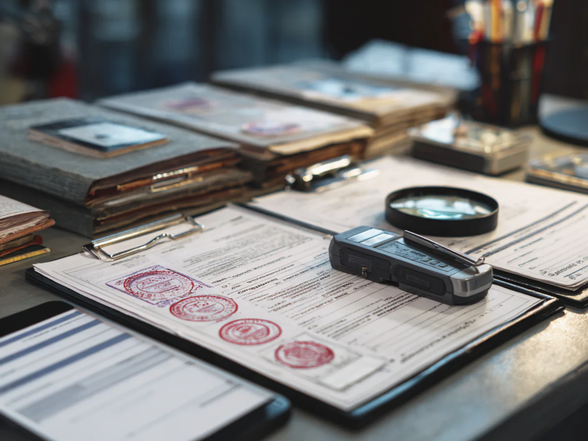 Trade paperwork and product information arranged on a dark working table