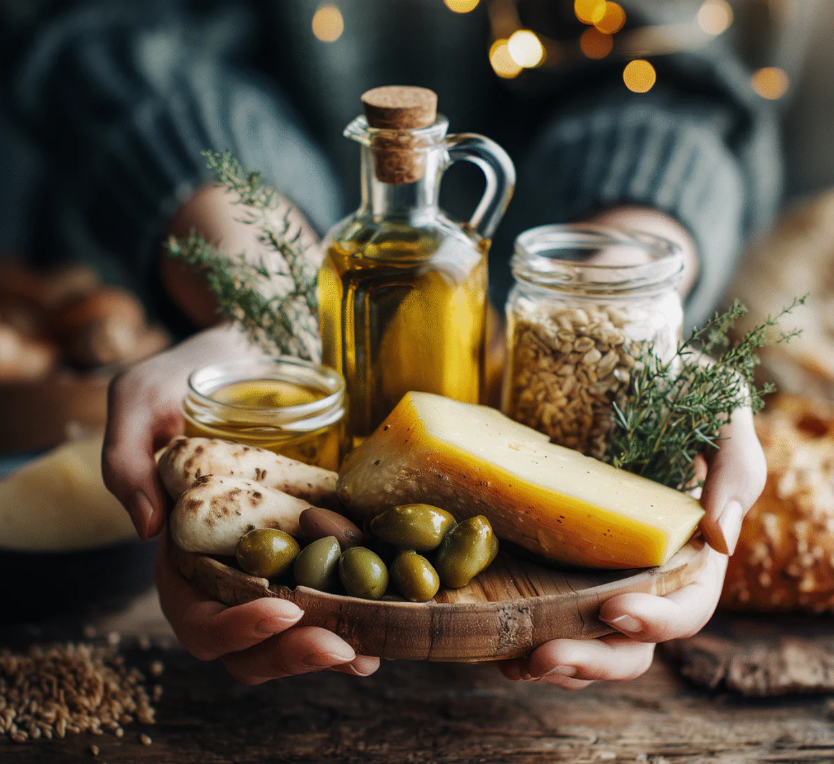 Producer hands offering a board of Mediterranean products, including olive oil, cheese, olives and pita