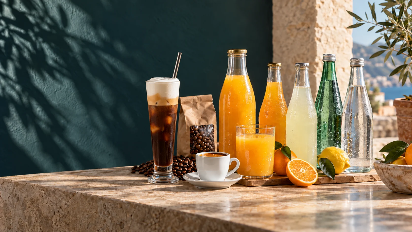 Freddo cappuccino with cold milk foam, Greek coffee with golden kaimaki, orange juice, soft drinks and bottled water