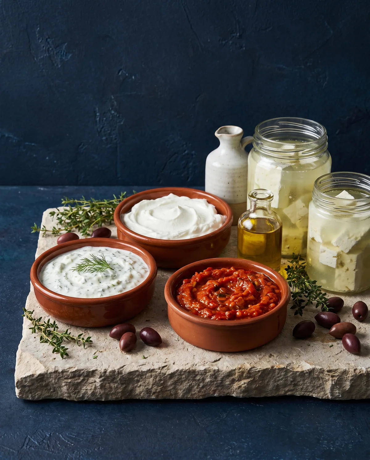 Feta, yoghurt, tzatziki, and Mediterranean spreads in simple ceramic bowls