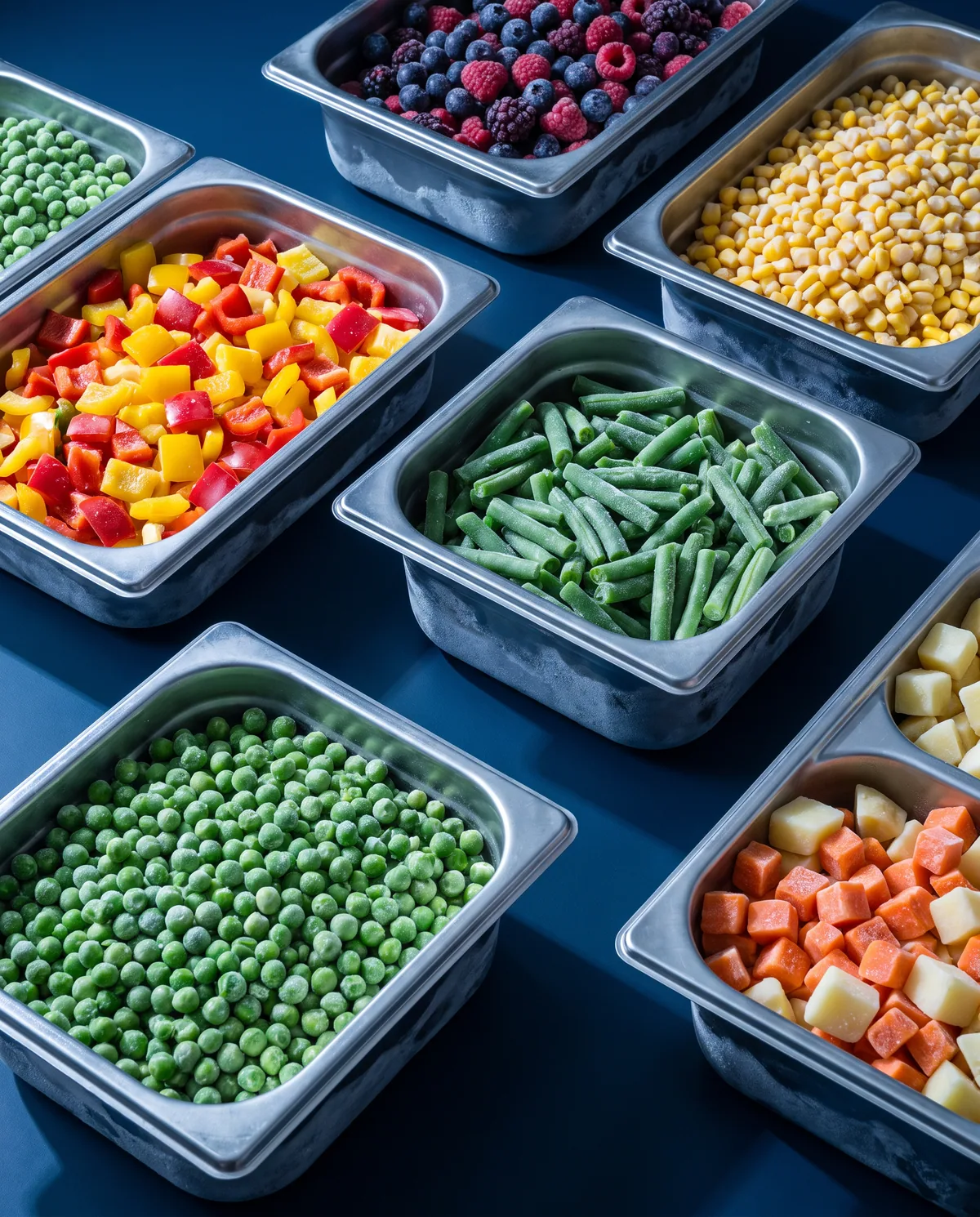 Individually frozen vegetables and berries arranged in stainless foodservice trays