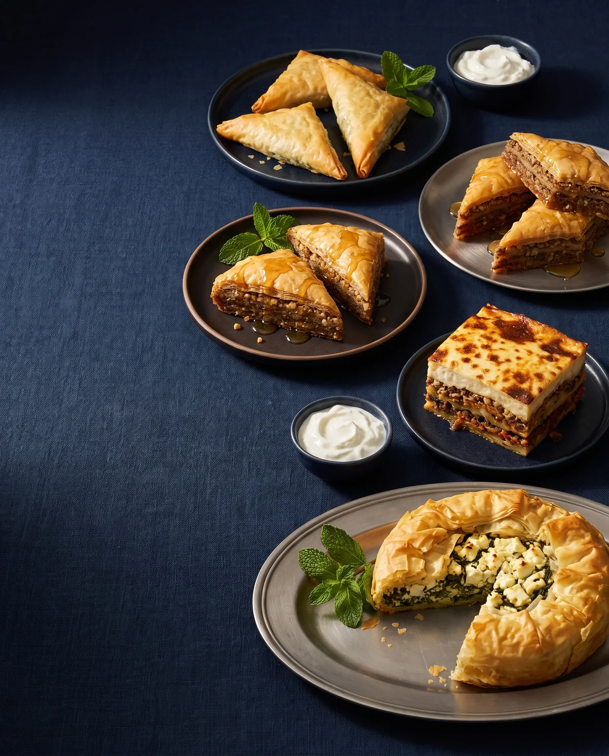 Greek filo pastries, baklava, moussaka, and spinach pie portions on dark plates