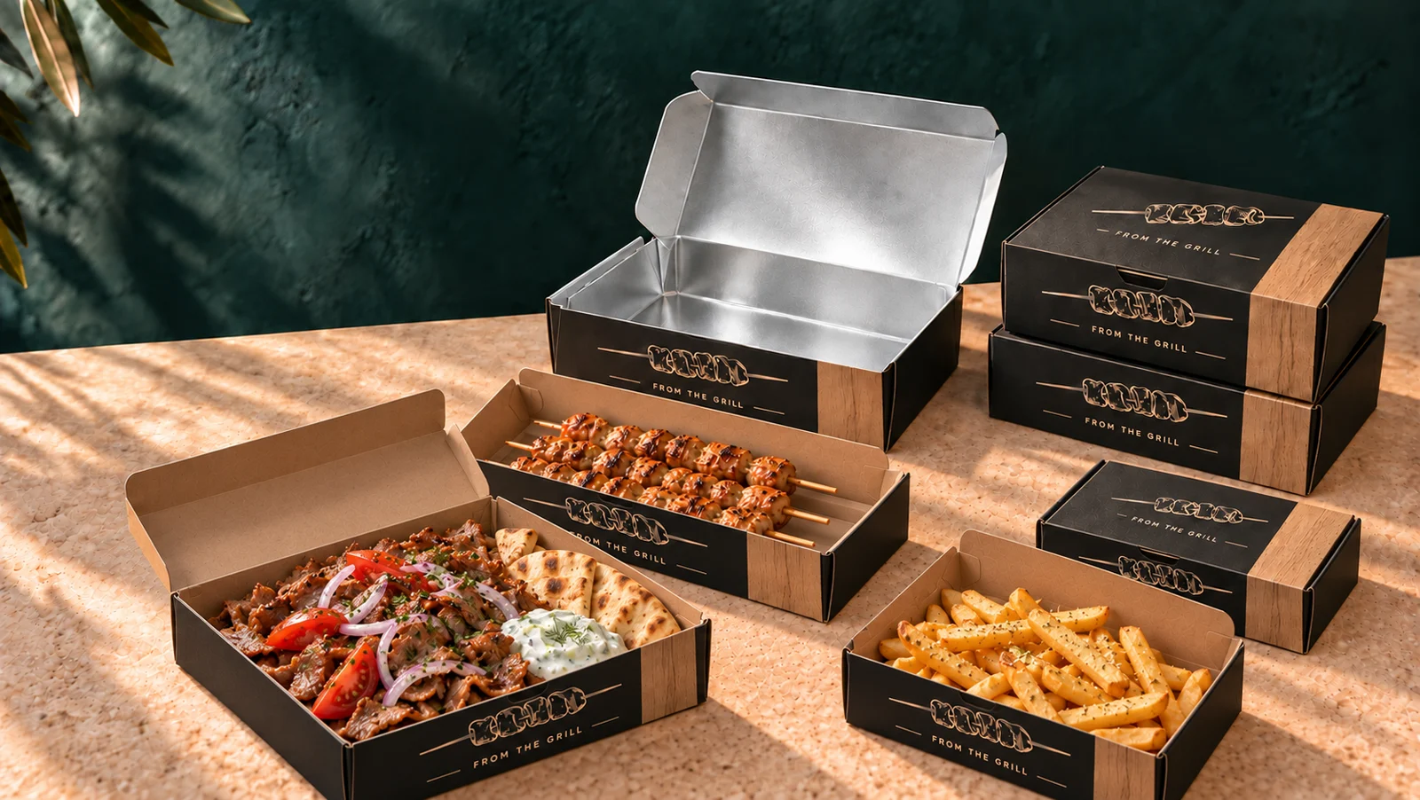 Specialist grill takeaway boxes containing souvlaki skewers, fries and gyros beside an empty aluminium-lined box