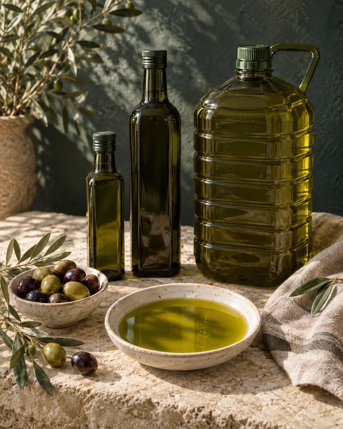 Glass olive oil bottles and a larger oil container beside green and purple olives on a sunlit table