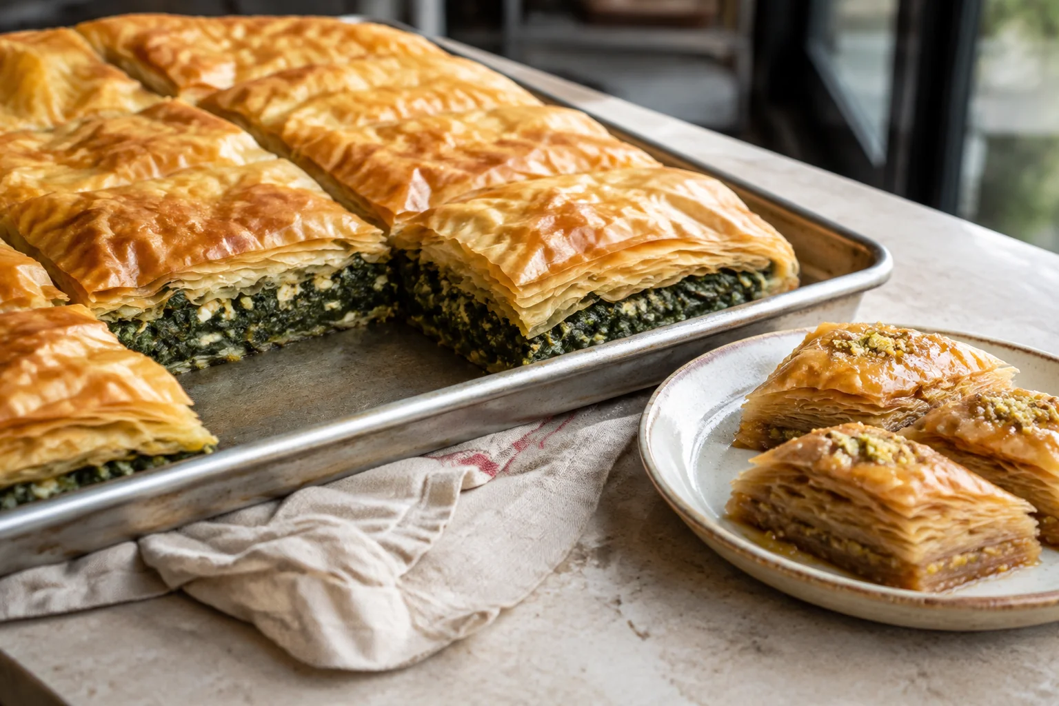 Golden spinach filo pie and baklava portions ready for cafe service