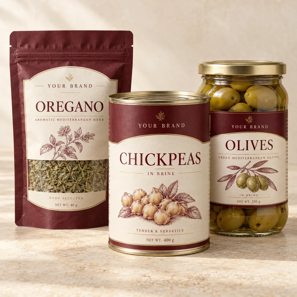 Illustrative premium collection: a chickpea tin, oregano pouch and olive jar with refined burgundy, ivory and gold labels
